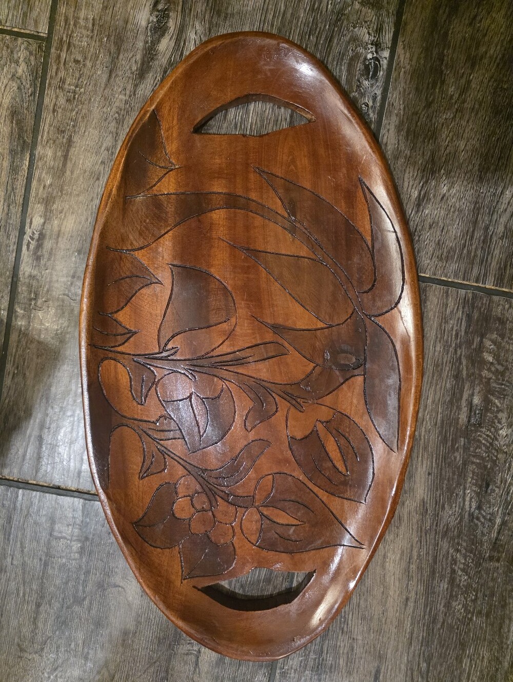 Hand-Carved Wooden Serving Tray with Floral Design - Warm Brown